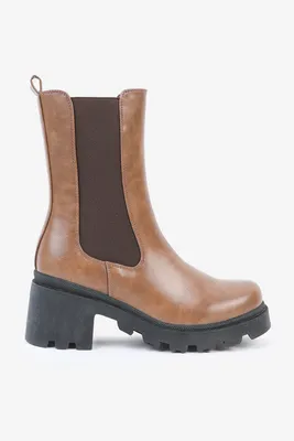 Ardene Chunky Sole High Chelsea Boots in Brown | Size | Faux Leather