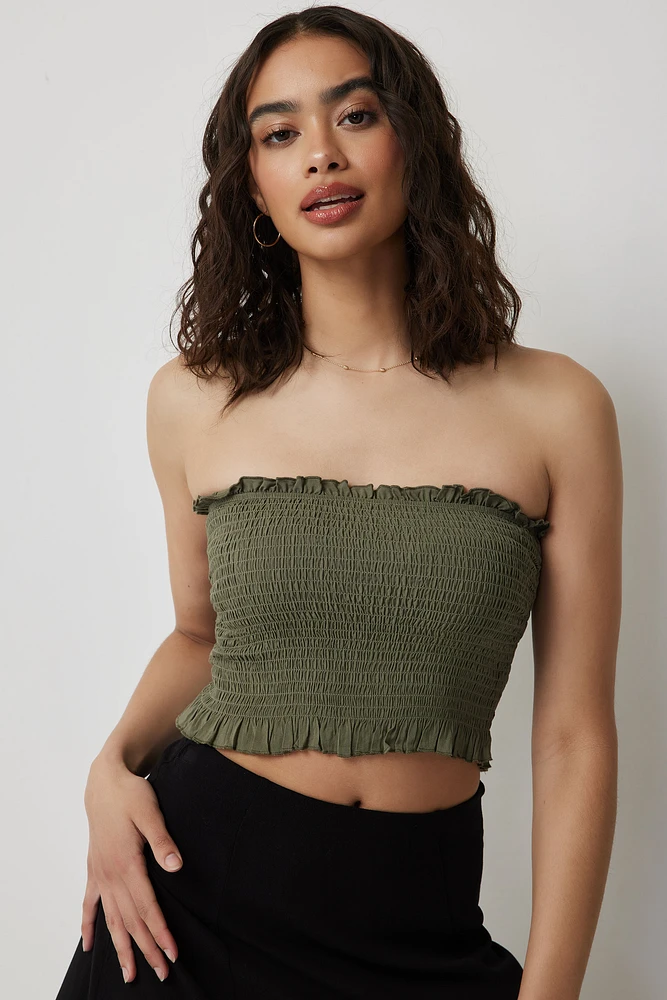 Ardene Smocked Tube Top in Dark Green | Size | Rayon