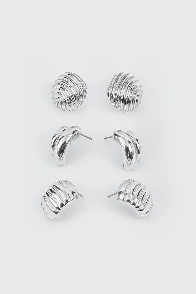 Ardene 3-Pack Ribbed Stud Earrings in Silver | Stainless Steel