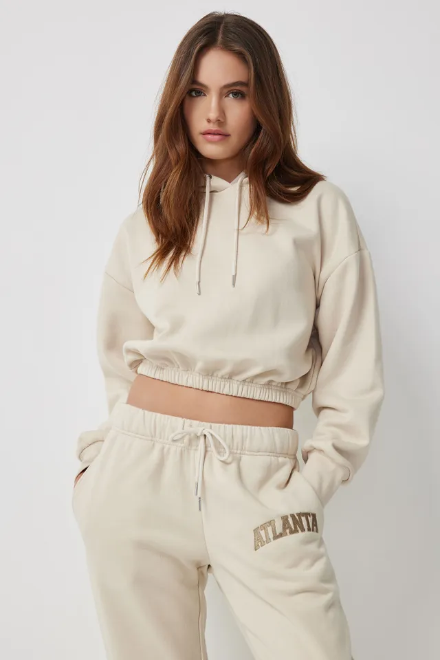 Ardene Destination Crop Hoodie in Beige, Size, Polyester/Cotton, Fleece- Lined