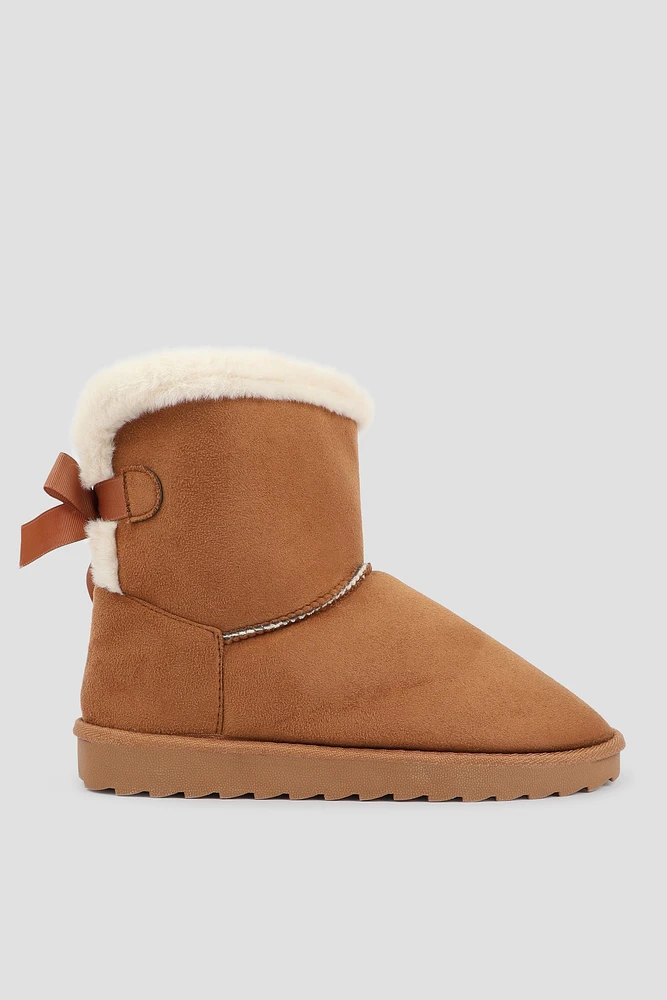 Ardene Faux Sheepskin Boots with Bow in Cognac | Size | Faux Suede | Eco-Conscious | Microfiber