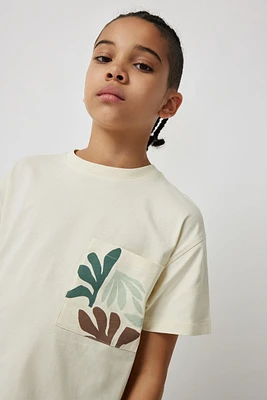 Ardene T-Shirt with Foliage Pocket in Beige | Size | 100% Cotton