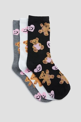 Ardene Kids 3-Pack Bear & Heart Crew Socks | Polyester/Spandex