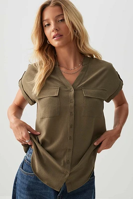 Ardene Short Sleeve Tunic Shirt in Khaki | Size | Polyester/Elastane