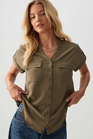 Ardene Short Sleeve Tunic Shirt in Khaki | Size | Polyester/Elastane