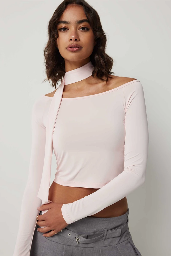 Ardene Fine Jersey Boat Neck Top with Scarf in Light Pink | Size | Polyester/Elastane