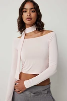 Ardene Fine Jersey Boat Neck Top with Scarf in Light Pink | Size | Polyester/Elastane