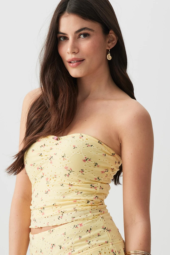 Ardene Floral Eyelet Tube Top in Light Yellow | Size | Polyester/Spandex