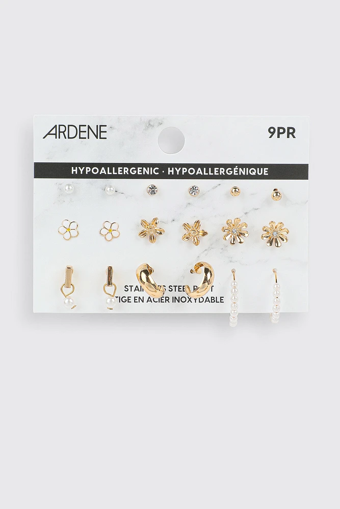 Ardene 9-Pack of Assorted Earrings in Gold | Stainless Steel