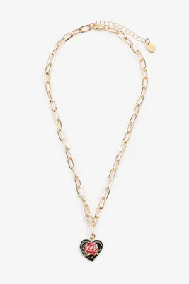 Ardene Paperclip Necklace with Rose Pendant in Gold