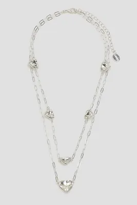 Ardene 2-Row Paperclip Chain Necklace with Hearts in Silver