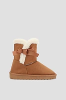 Ardene Kids Faux Sheepskin Boots with Bow in Cognac | Size | Microfiber