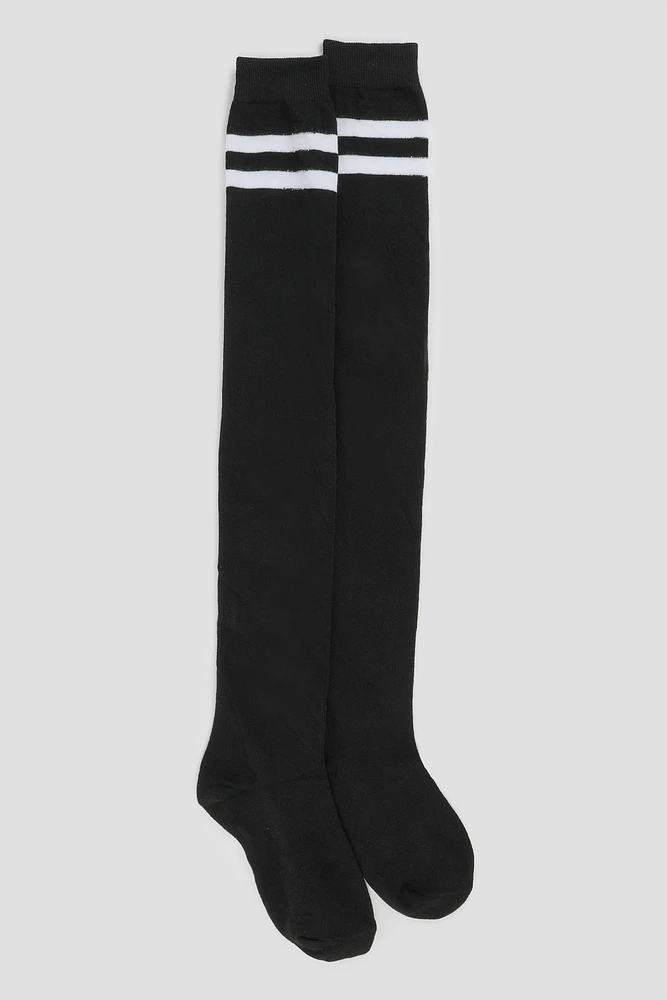 Ardene Over-the-Knee Socks with Accent strips in Black | Polyester/Spandex