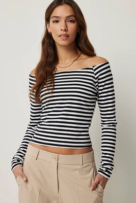 Ardene Striped Off The Shoulder Top in White | Size | Spandex/Cotton