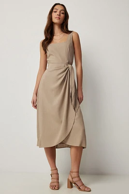 Ardene Linen Blend Midi Wrap Dress in Beige | Size | Viscose