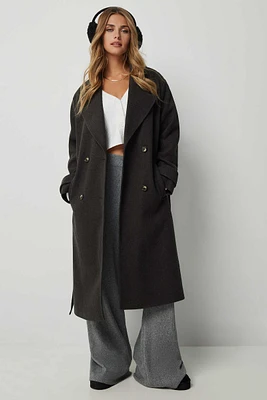 Ardene Double Breasted Belted Coat in Dark Grey | Size | Polyester