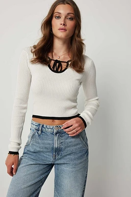Ardene Two-Tone Keyhole Sweater in White | Size | Polyester/Rayon