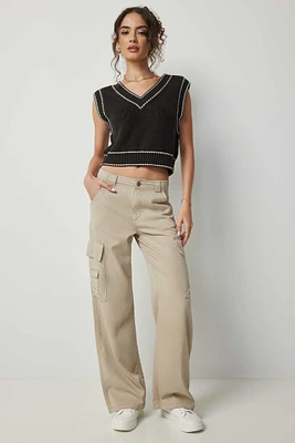 Ardene Low Rise Straight Leg Cargo Pants in Beige | Size | Cotton