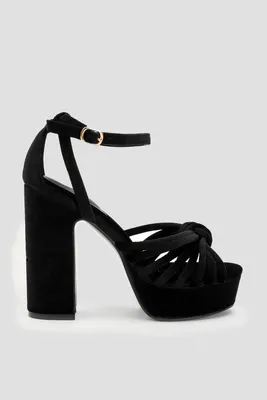Ardene Satin Platform Block Heel Sandals in Black | Size