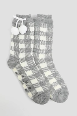 Ardene Checkered Slipper Socks in Light Grey | Polyester/Spandex