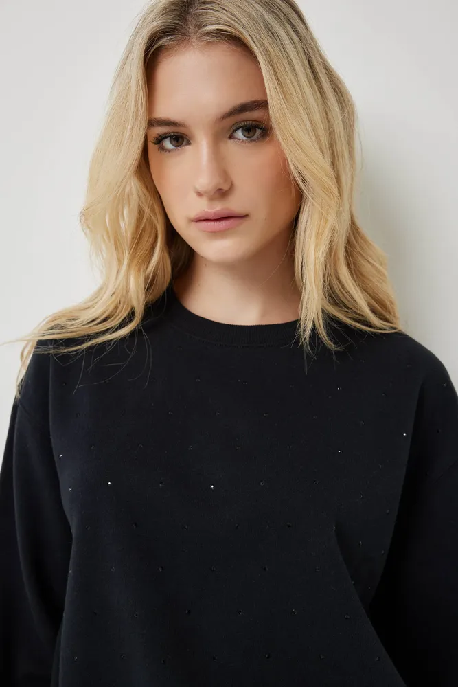 Ardene Black Crew neck Sweatshirt with Rhinestones | Size | Polyester/Cotton | Fleece-Lined