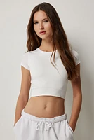 Ardene Seamless Crop Crew Neck T-Shirt in Frost White | Size | Nylon/Elastane