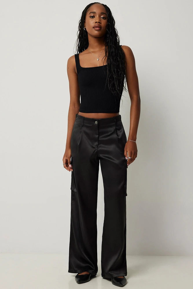 Ardene Mid Rise Satin Cargo Pants in Black | Size | Polyester/Elastane