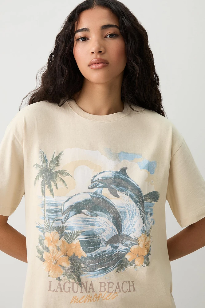 Ardene Beach Graphic T-Shirt in Beige | Size | 100% Cotton