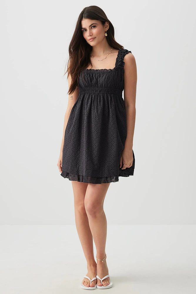 Ardene Eyelet Babydoll Mini Dress in Dark Grey | Size | 100% Cotton