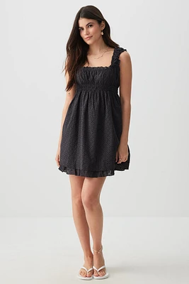 Ardene Eyelet Babydoll Mini Dress in Dark Grey | Size | 100% Cotton