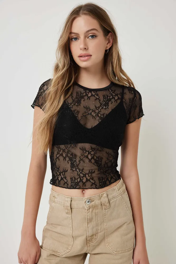 Ardene Lace Trim Ultra-Cropped Top in, Size, Polyester/Nylon/Spandex