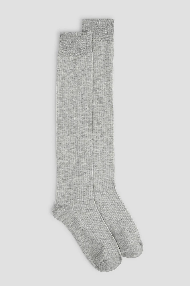 Ardene Ribbed Over-the-Knee Socks in Light Grey | Polyester/Spandex