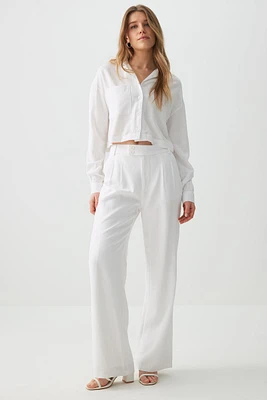 Ardene High Rise Linen Blend Trousers in White | Size | Viscose