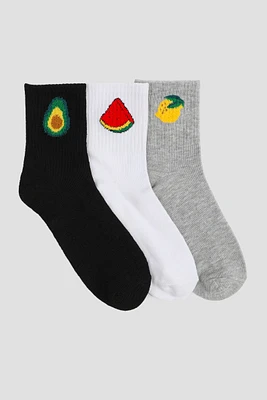 Ardene 3-Pack Fruit Demi-Crew Socks in Light Grey | Polyester/Spandex