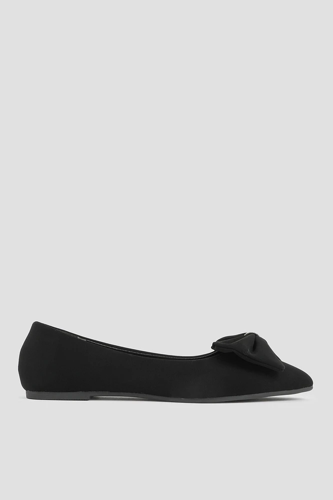 Ardene Pointy Flats with Embellished Bow Detail in Black | Size | Faux Suede