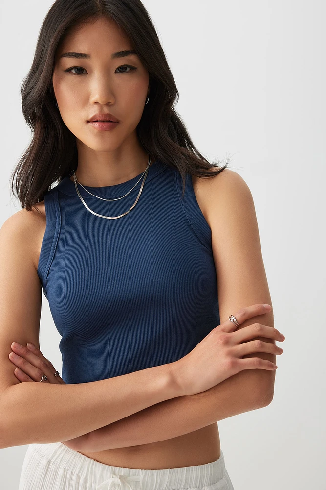 Ardene Basic Rib Wide Binding Tank Top in Dark Blue | Size | Cotton/Elastane | Eco-Conscious