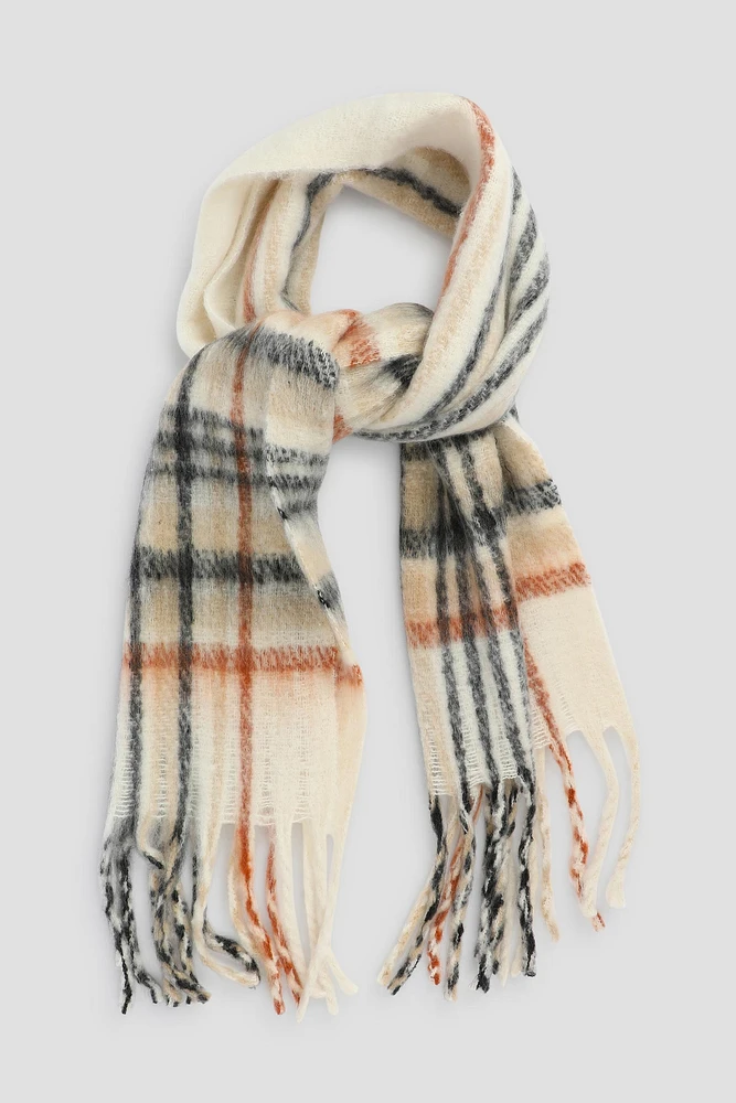 Ardene Plaid Boucle Knit Scarf in Beige | Polyester