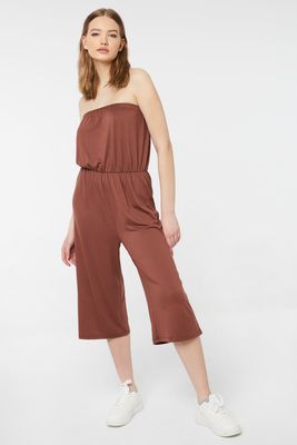 Ardene Basic Cropped Tube Jumpsuit in Brown | Size | Polyester/Spandex
