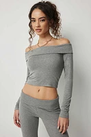 Ardene Ultra Crop Off Shoulder Long Sleeve Top in Grey | Size | Elastane/Viscose