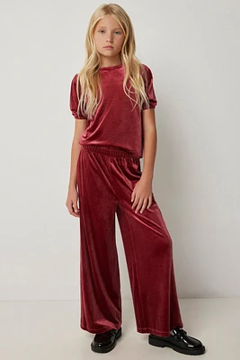 Ardene Kids Wide Leg Velvet Pants in Burgundy | Size | Polyester/Elastane