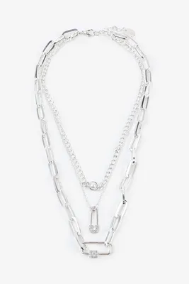 Ardene 3-Row Chain Choker with Safety Pin Pendant in Silver