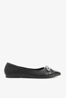 Ardene A.C.W. Ballet Flats with Rhinestone Bow in Black | Size | Faux Leather