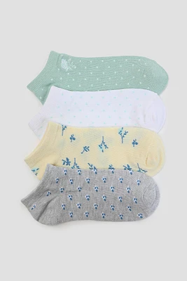 Ardene 4-Pack Floral Ankle Socks in Light Green | Polyester/Spandex