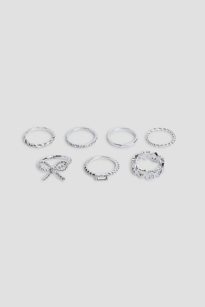 Ardene 7-Pack Bow & Heart Rings in Silver | Size