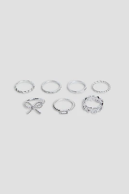 Ardene 7-Pack Bow & Heart Rings in Silver | Size