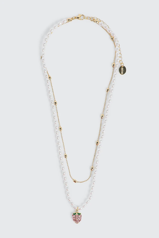 Ardene 2-Row Pearl & Chain Strawberry Necklace in Gold