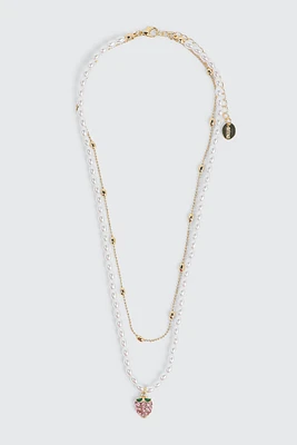 Ardene 2-Row Pearl & Chain Strawberry Necklace in Gold
