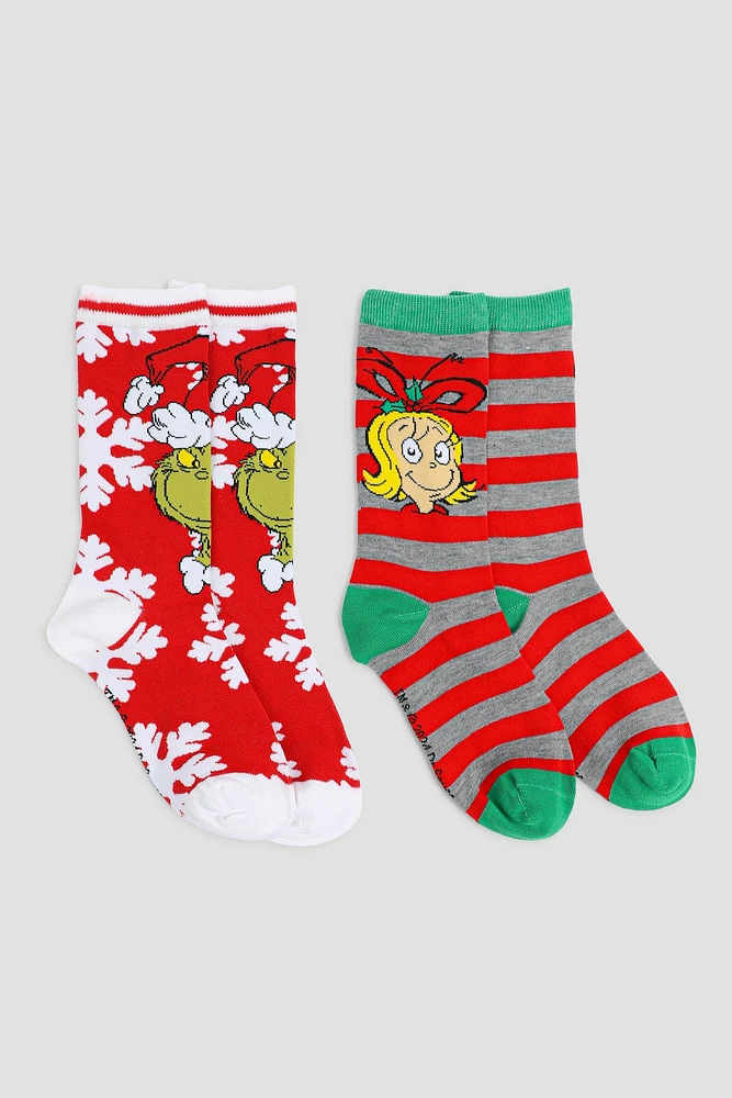 Ardene 2-Pack The Grinch & Cindy Lou Crew Socks in Red | Polyester/Spandex