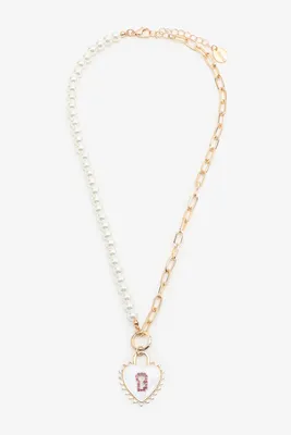Ardene Half Pearl Half Chain Necklace with Heart Pendant in Gold