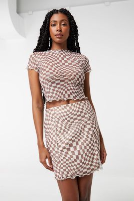 Ardene Wavy Checkered Mesh Skirt in Brown | Size | Polyester/Elastane